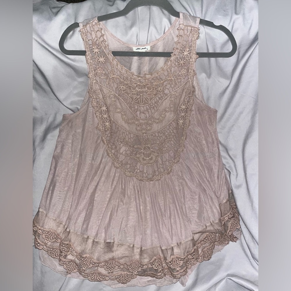Ultra Pink Sleeveless Crochet Yoke Tank Top in Beige - Picture 5 of 7